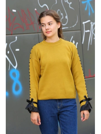 Boncuklu bile detaylı kazak hardal