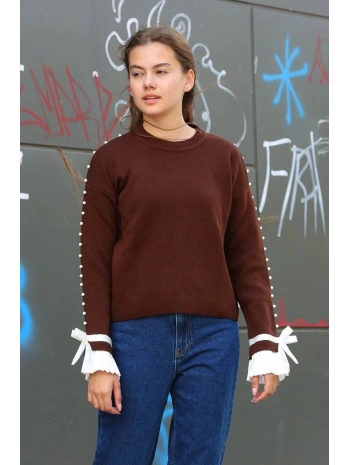 Boncuklu bile detaylı kazak kahve