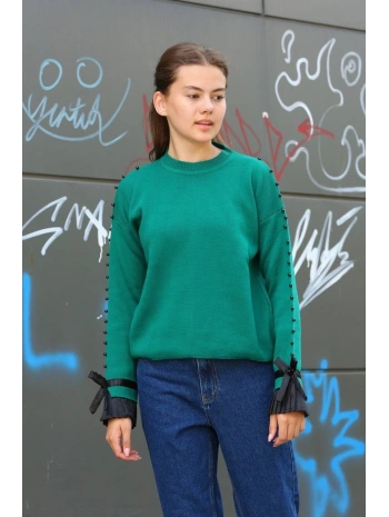 Boncuklu bile detaylı kazak petrol yeşili