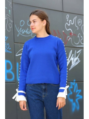 Boncuklu bile detaylı kazak saks mavisi