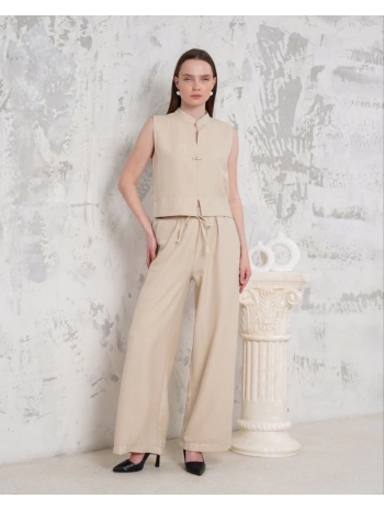 Broşlu yelek pantolon takım bej s255821
