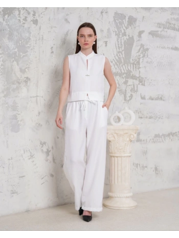 Broşlu yelek pantolon takım beyaz s255821