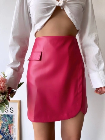 Cep detaylı oval kapaklı deri etek fuşya h240048