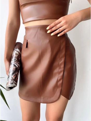 Cep detaylı oval kapaklı deri etek kahve h240048