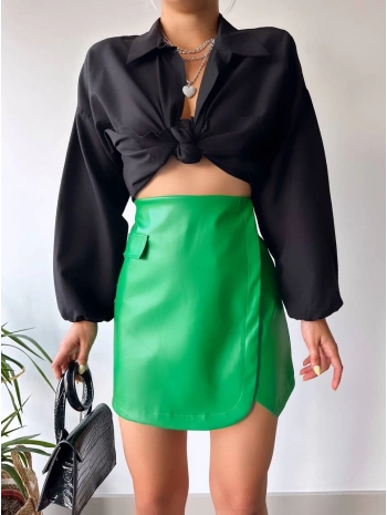 Cep detaylı oval kapaklı deri etek yeşil h240048