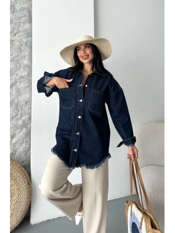 Cepli püsküllü kar yıkama kot ceket koyu mavi d2515