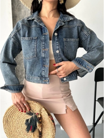 Çift cepli kol katlamalı kar yıkama crop kot ceket kahve tint d2000