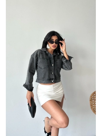 Çift cepli kol katlamalı süper taş enzim yıkama crop kot ceket füme d2000