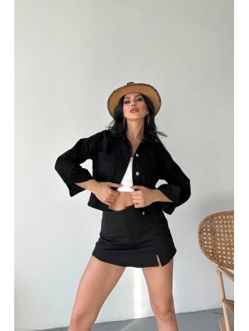 Çift cepli kol katlamalı süper taş enzim yıkamalı crop kot ceket siyah d2000