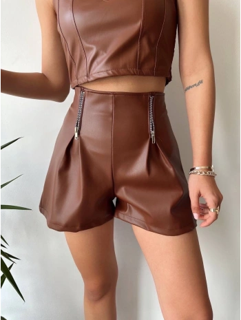 Çift fermuarlı deri şort kahve h24394