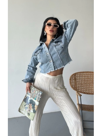 Çift kapaklı püsküllü crop buz mavi d2002