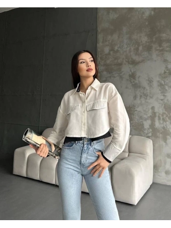 Çift renkli kısa gömlek krem s4021