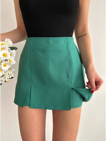 Çift yırtmaçlı atlas şort etek yeşil s240364