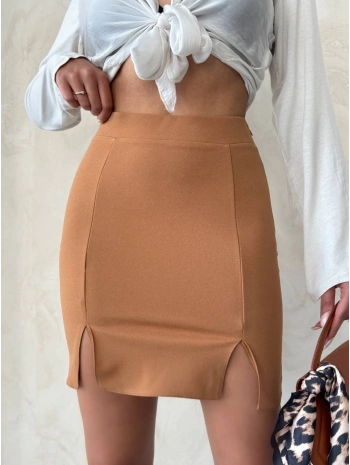 Çift yırtmaçlı etek camel s25910