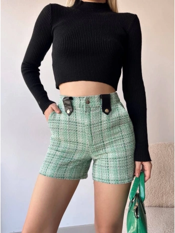 Çıtçıtlı siyah köprü tüvit şort yeşil