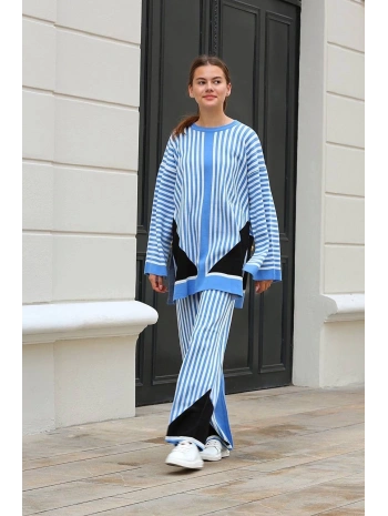 Çizgili bisiklet yaka triko takım Mavi