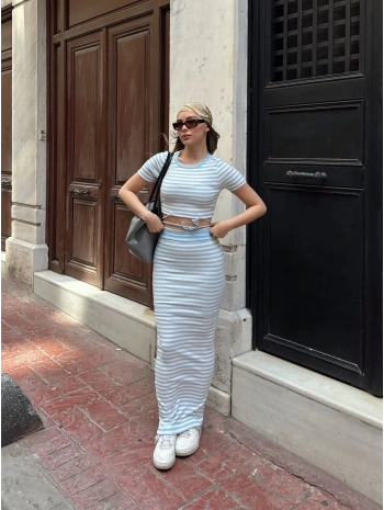 Çizgili etekli takım mavi s3609