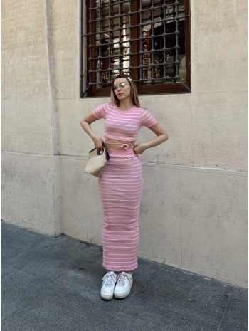 Çizgili etekli takım pembe s3609