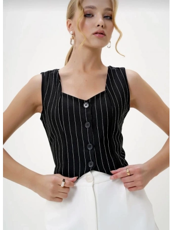Çizgili krep düğmeli yelek siyah s3395