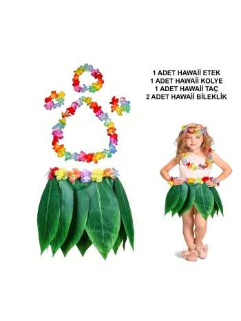 Çocuk Hawaii Kostüm Seti - Yaprak Etek  Hawaii Set - 5 Parça