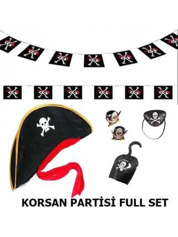 Çocuk Korsan Şapkası + Kancası + Göz Bandı + 2 Adet Yüzük + Afiş Seti