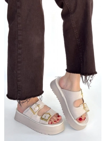 Coer Bej Süet Çift Tokalı Terlik