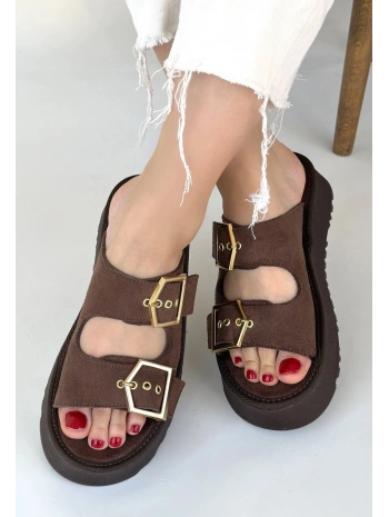 Coer Kahverengi Süet Çift Tokalı Terlik