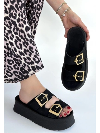 Coer Siyah Süet Çift Tokalı Terlik