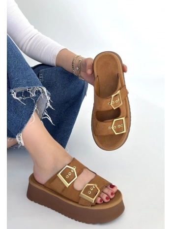 Coer Taba Süet Çift Tokalı Terlik