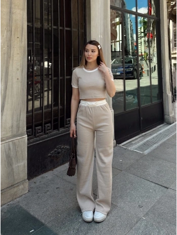 Crop pantolon biyeli takım bej