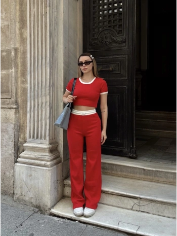 Crop pantolon biyeli takım kırmızı