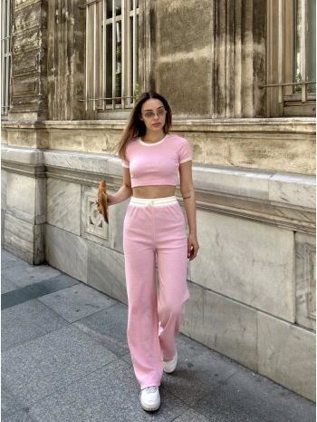 Crop pantolon biyeli takım pembe