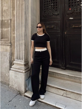 Crop pantolon biyeli takım siyah