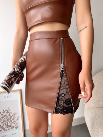 Dantelli fermuarlı deri etek kahve w24598