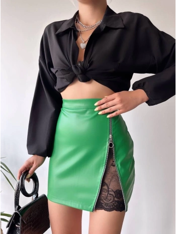 Dantelli fermuarlı deri etek yeşil w24598