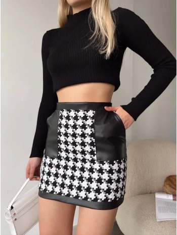 Deri garnili kaz ayağı kaşe etek siyah h24604