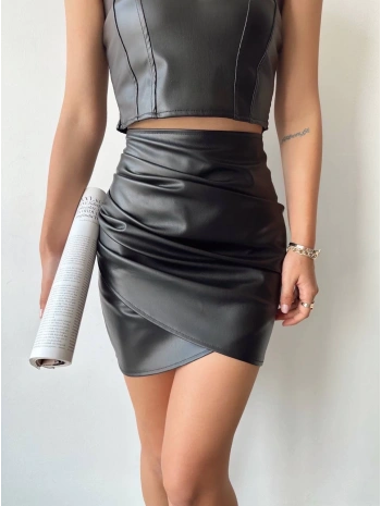 Drapeli deri etek siyah w26771