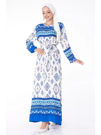 Düz Bisiklet Yaka Kadın Mavi Etnik Desenli Elbise