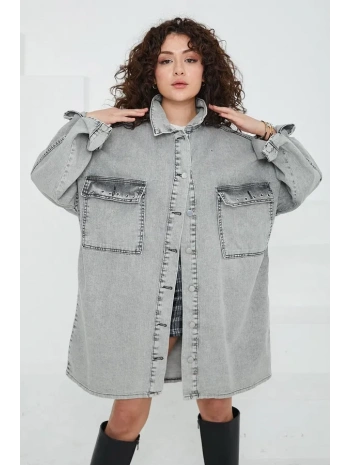 Düz Gömlek Yaka Kadın Gri Kuş Gözü Cepli Kot Ceket