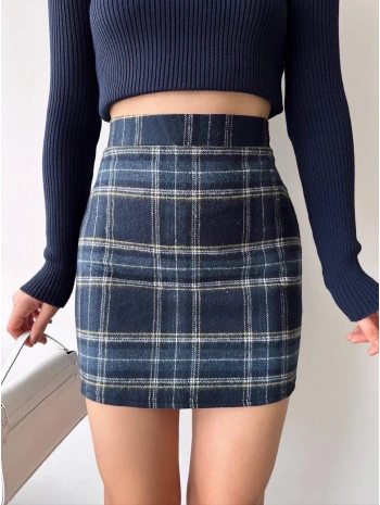 Ekoseli kaşe etek lacivert hf