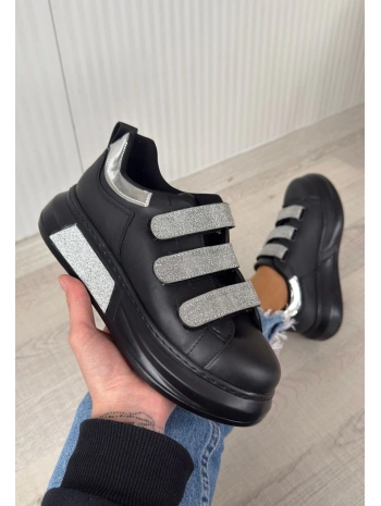 Elika Siyah Cilt Simli Cırt Cırtlı Spor Ayakkabı