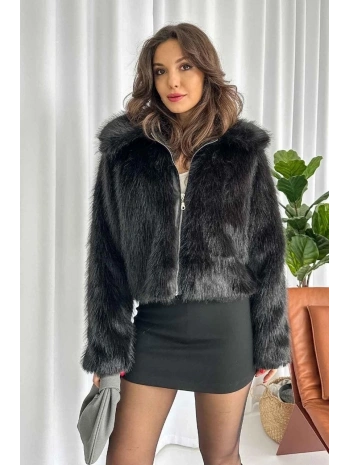 Fermuarlı kısa kürk siyah t7746
