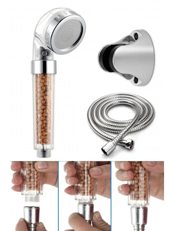 Filtreli Ve Su Tasarruflu Arıtmalı Duş Başlığı Seti Boncuklu Başlık Hortum Ve Mafsal Set