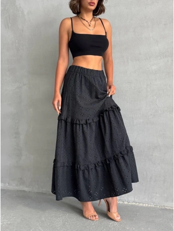 Fırfırlı brodeli astarlı uzun etek siyah s255047