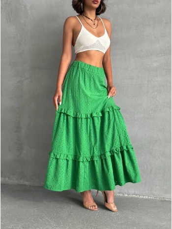 Fırfırlı brodeli astarlı uzun etek yeşil s255047