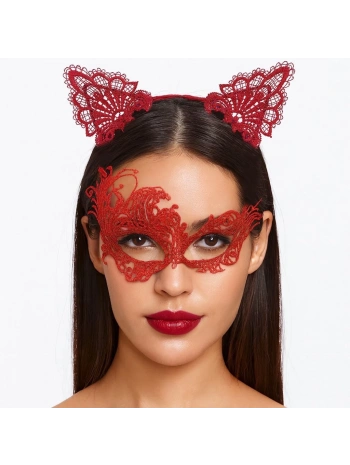 Gizemli Kırmızı Dantel Maske Ve Taç Seti 1 No - Kostüm Seti