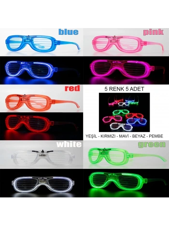 Glow Model Led Işıklı Parti Gözlüğü 3 Modlu 5 Renk 5 Adet