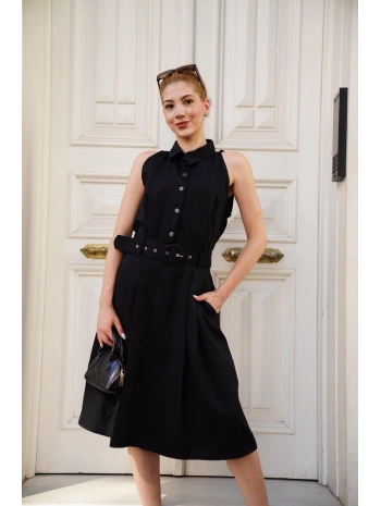 Gömlek yaka kemerli elbise siyah s255061