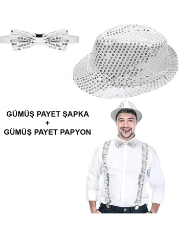 Gümüş Payetli Şapka Ve Papyon Seti – Parıltılı Yetişkin Kostüm Seti