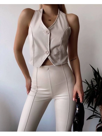 İki düğmeli deri yelek krem s243001